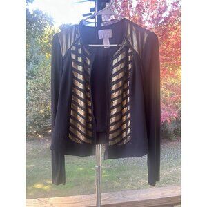 Cache Cardigan Jacket Open Front Top Black & Metallic Gold Holiday Party Size 0